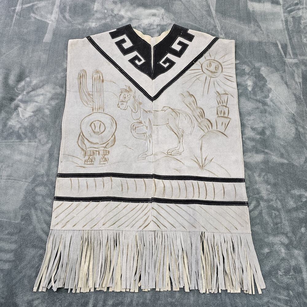 Authentic Genuine Mexican Leather Suede Handmade Poncho Donkey Cactus Fringed